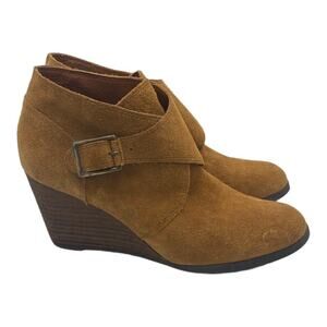 Lucky Brand Sumarah Ankle Booties Brown Suede 3" Wedge Heel Shoe Boot sz 10